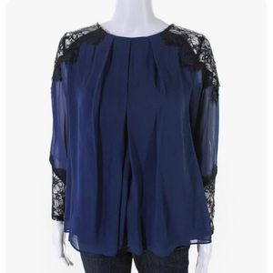 Alice + Olivia long sleeve dark blue blouse with lace size small (Retail $350)
